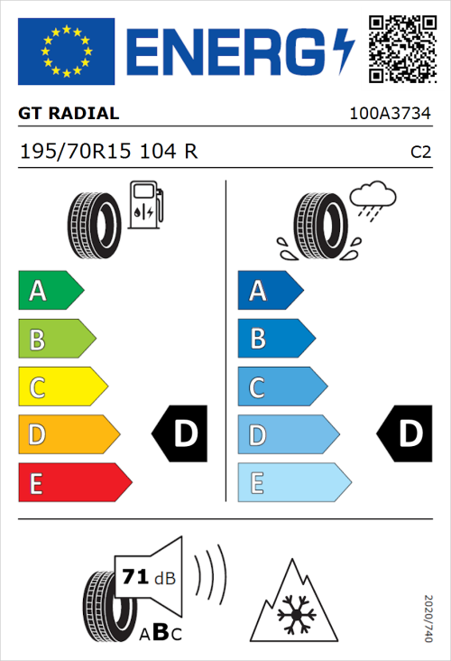 Tyre Label for GT Radial Maxmiler All Season 195/70R15 104R