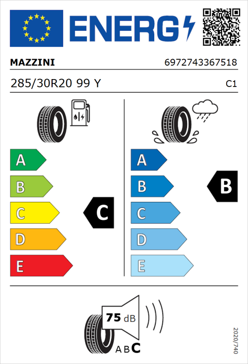 Tyre Label for Mazzini Eco 602 285/30R20 99Y