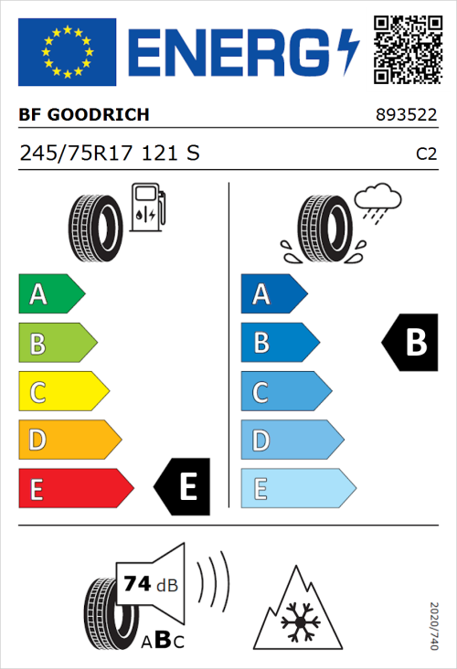 Tyre Label for BF Goodrich All Terrain T/A KO2 RWL 245/75R17 121S